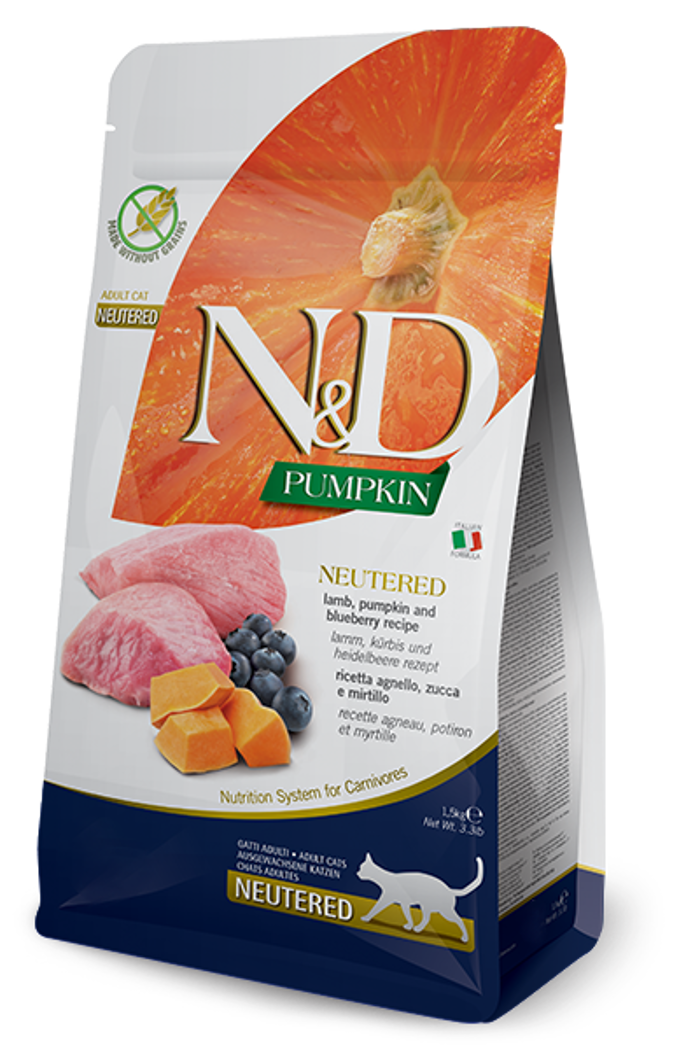 Farmina N&D Pumpkin Blueberry Neutered Xira Trofi ga Enilikes Steiromenes Gtes me Arni kai Kolokutha 300gr